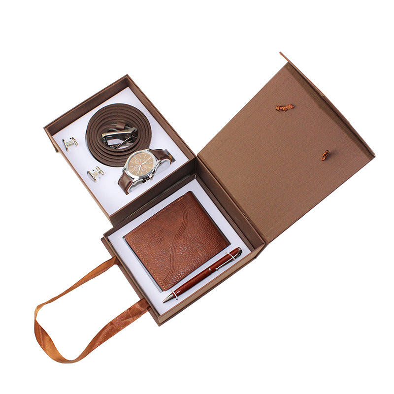 Montres-cadeaux de boîte-cadeaux créative pour hommes Set Quartz Wrist Ceinture Portefeuille Boutons de manchette Stylo Su