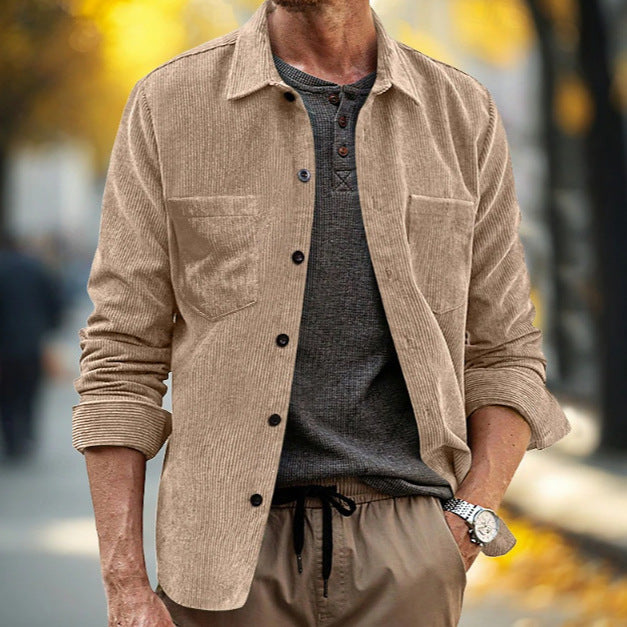 Homme Corduroy manches longues Casual Pocket Lapel Veste chemise