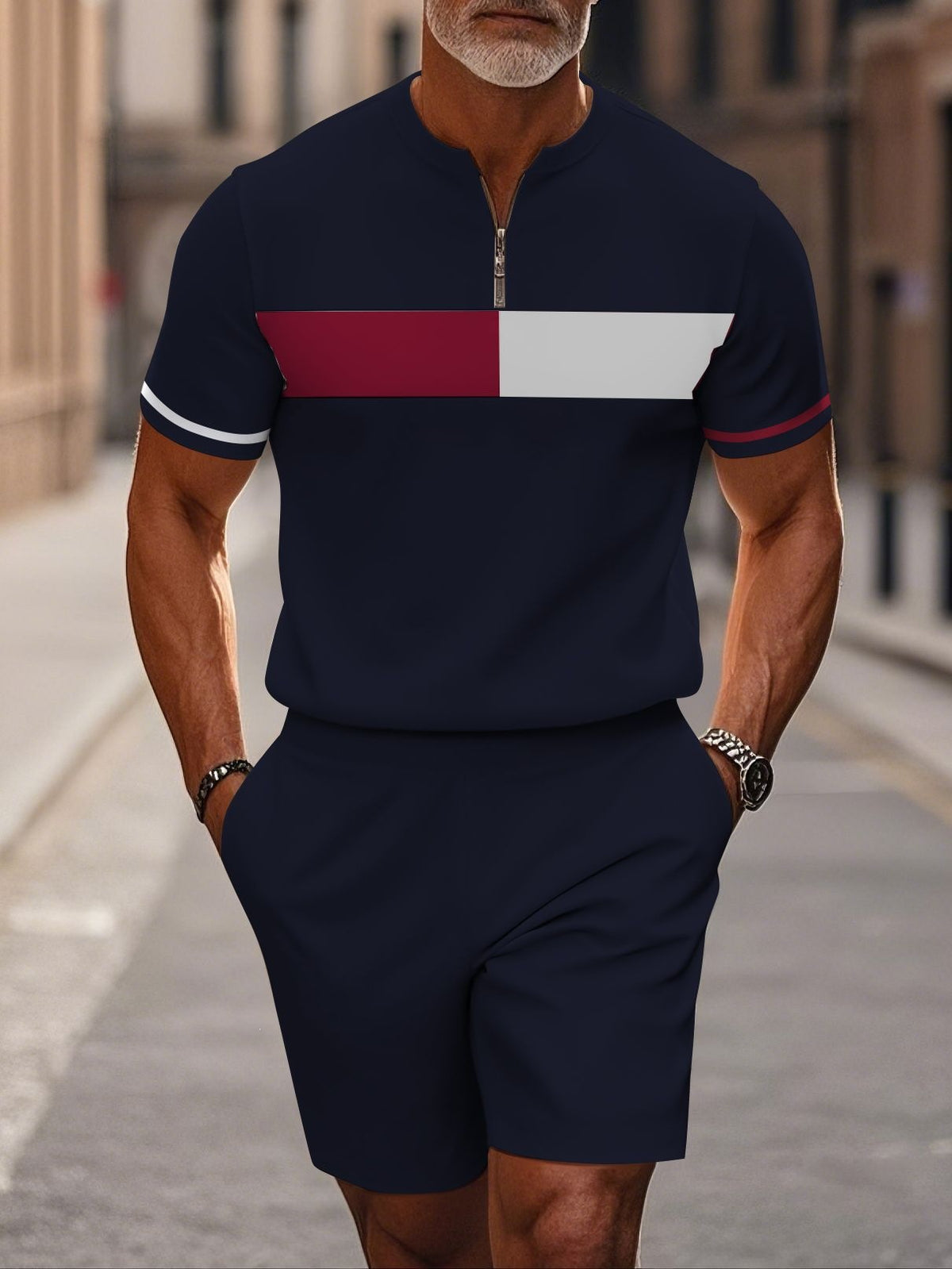 Shorts Zip en col mandarin et manches courtes pour hommes