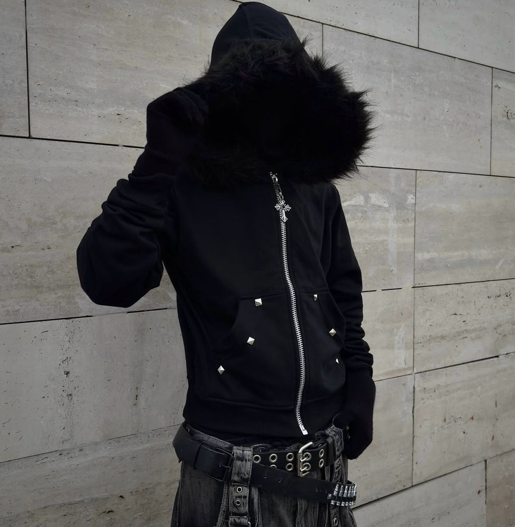 Letter-print Strass-Studed à capuche Loose-fit Zip-up Coat Pour Fallwinter Hip-hop Style