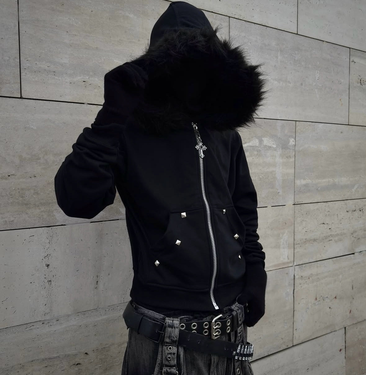 Letter-print Strass-Studed à capuche Loose-fit Zip-up Coat Pour Fallwinter Hip-hop Style