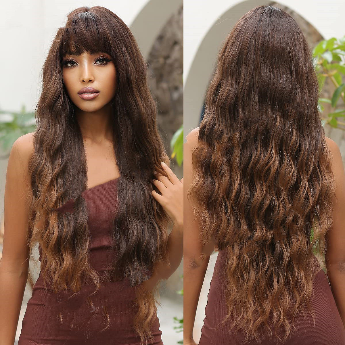 Marron foncé teint Marron clair Bangs Long Curly Perruques Mécanisme Tête