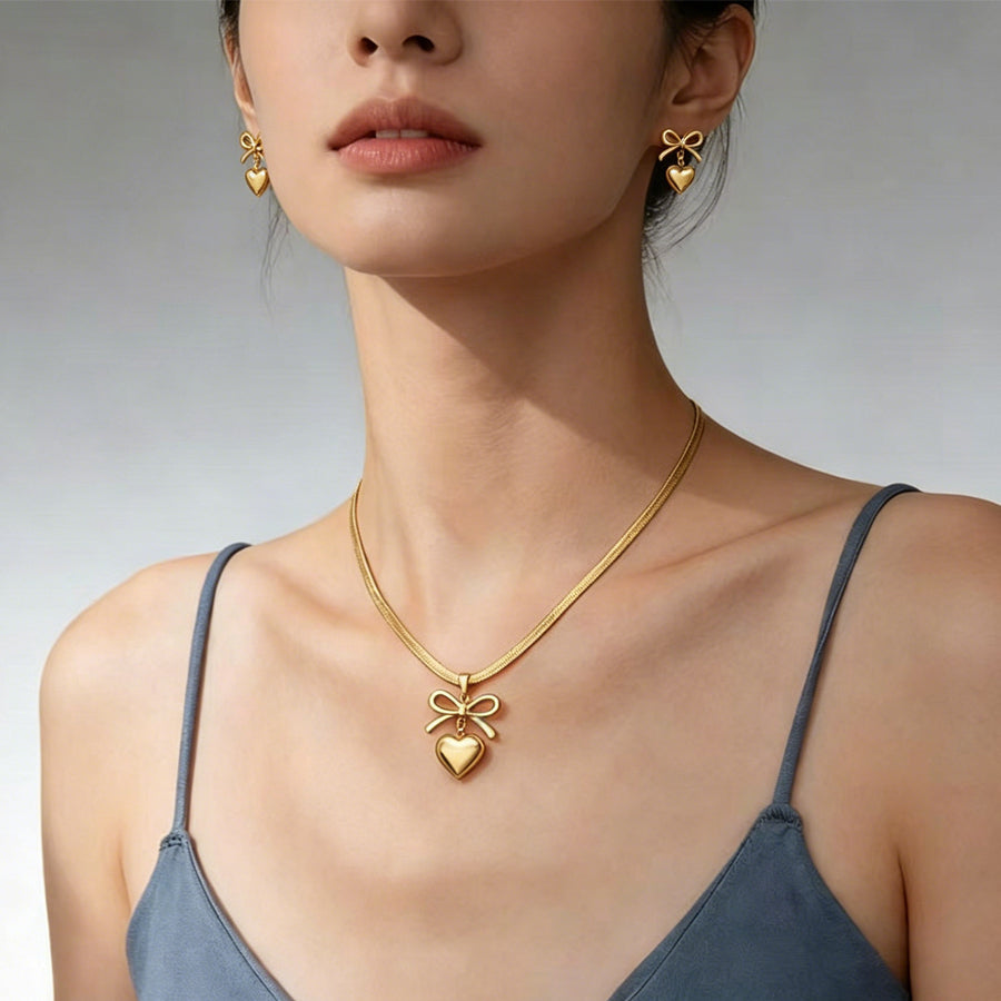 Femmes Bowknot 3D Puffy coeur bijoux Set Snake chaîne collier et boucles d'oreilles Stud 2Pcs Gold Si