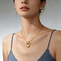 Femmes Bowknot 3D Puffy coeur bijoux Set Snake chaîne collier et boucles d'oreilles Stud 2Pcs Gold Si