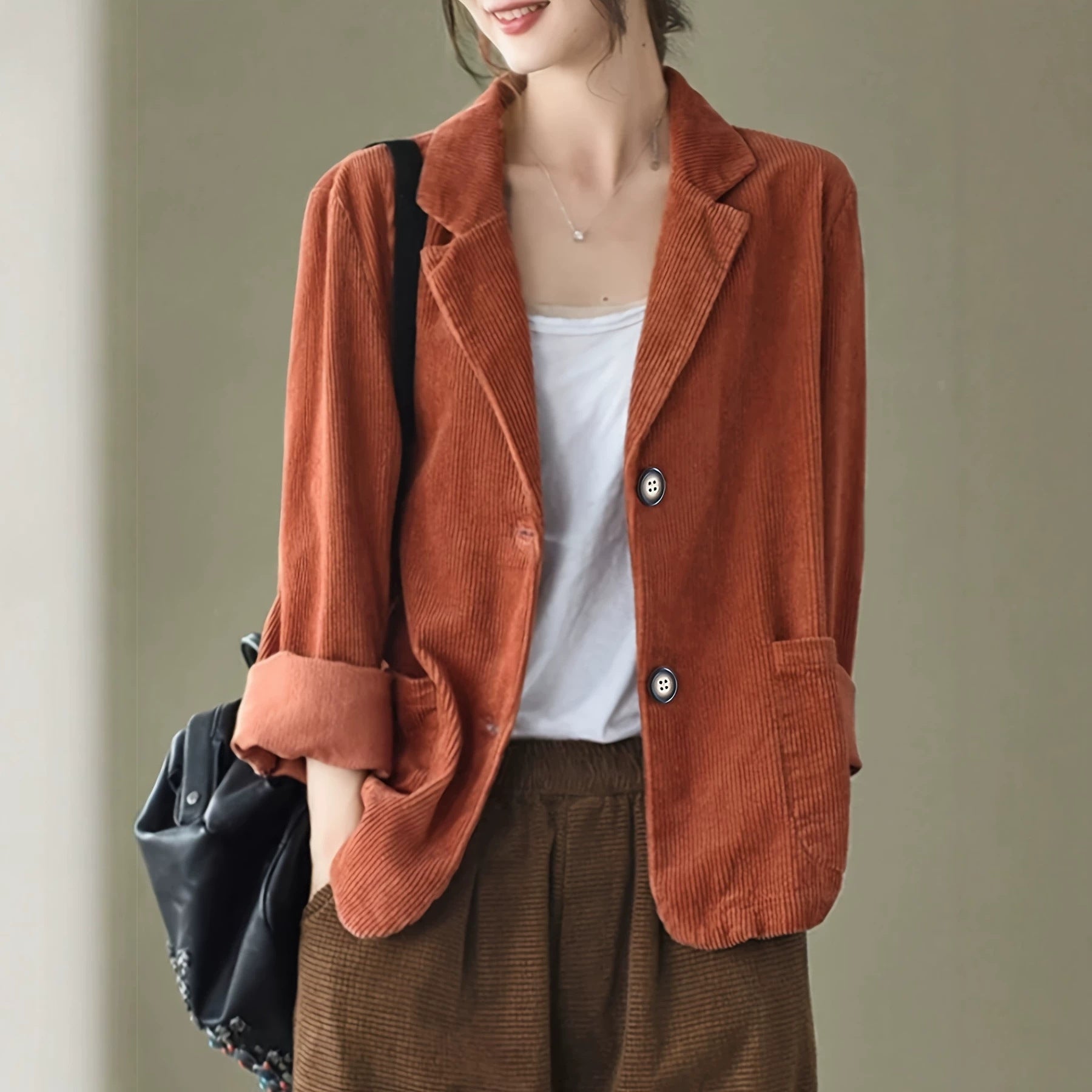 Femmes Corduroy Casual manches longues Bouton-Up Lapel Veste Coat