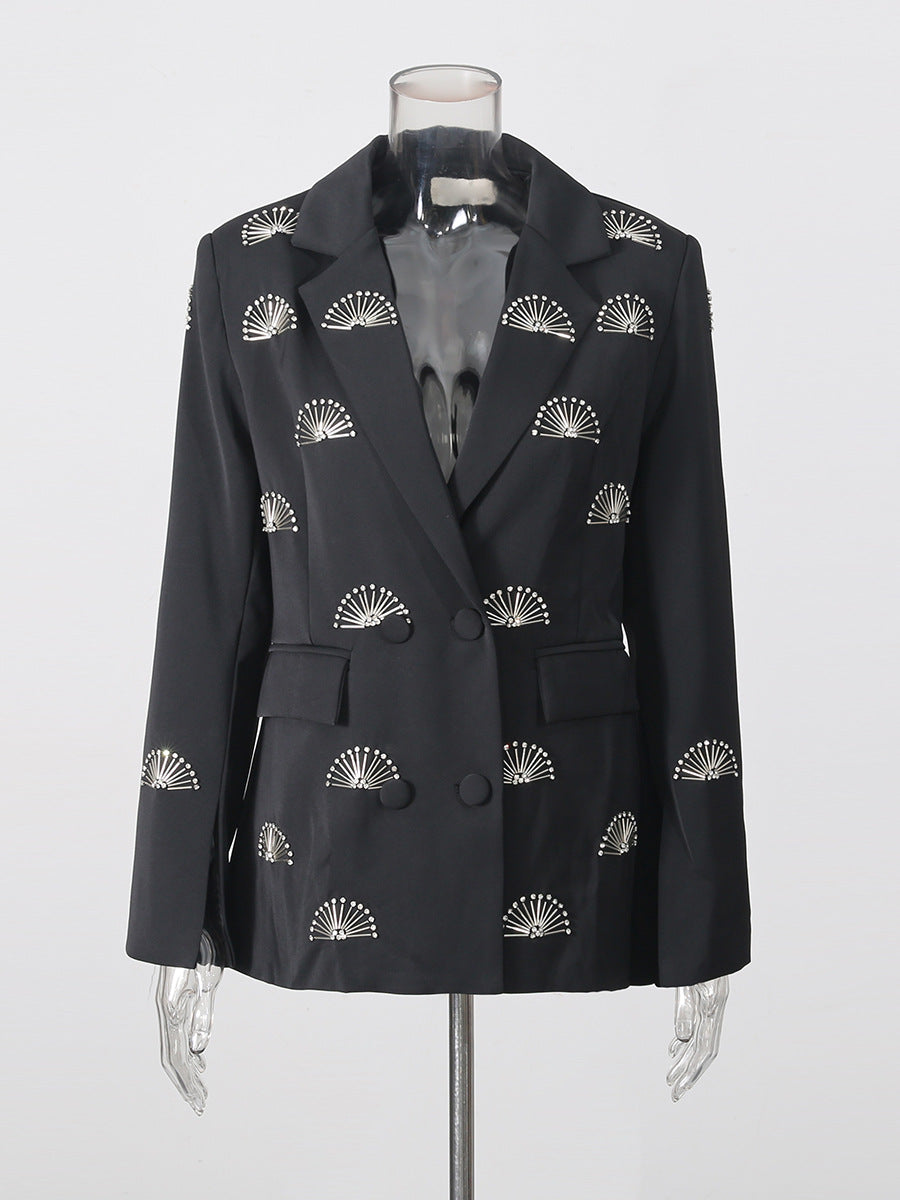 Eventail en Strass Motif Double Breasted Lapel Tailored Blazer Veste