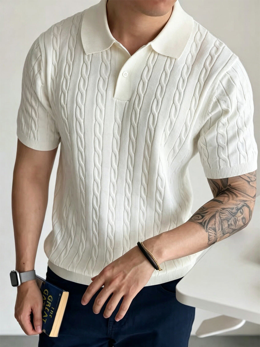 Chemise Polo en tricot de câble Hommes manches courtes T-shirt tricoté casual