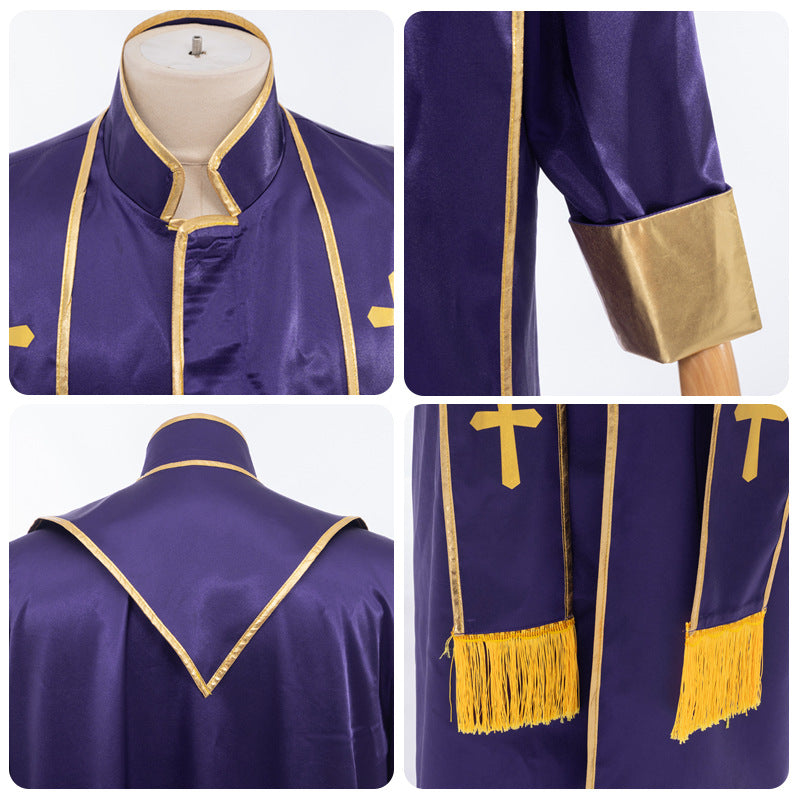La tenue du pasteur avec broderie croisée multicolore et collier debout