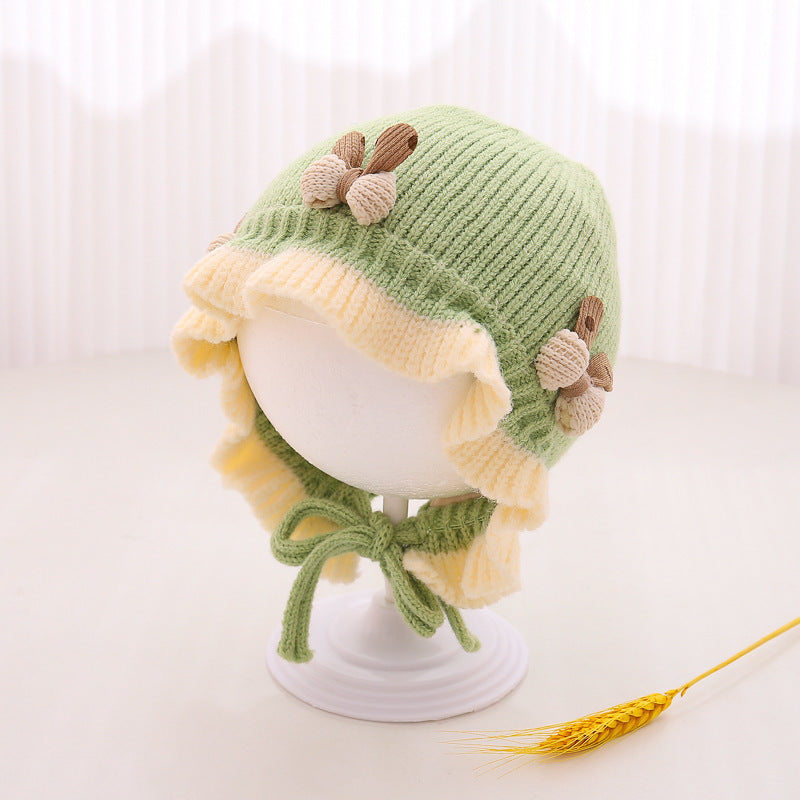 Automne et hiver Chapeau tricoté Mignon princesse fleur Bonnet bébé fille chaude Dentelle haut laine bras