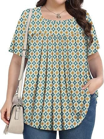 T-shirt casual à col rond à manches courtes avec imprimé floral plus taille