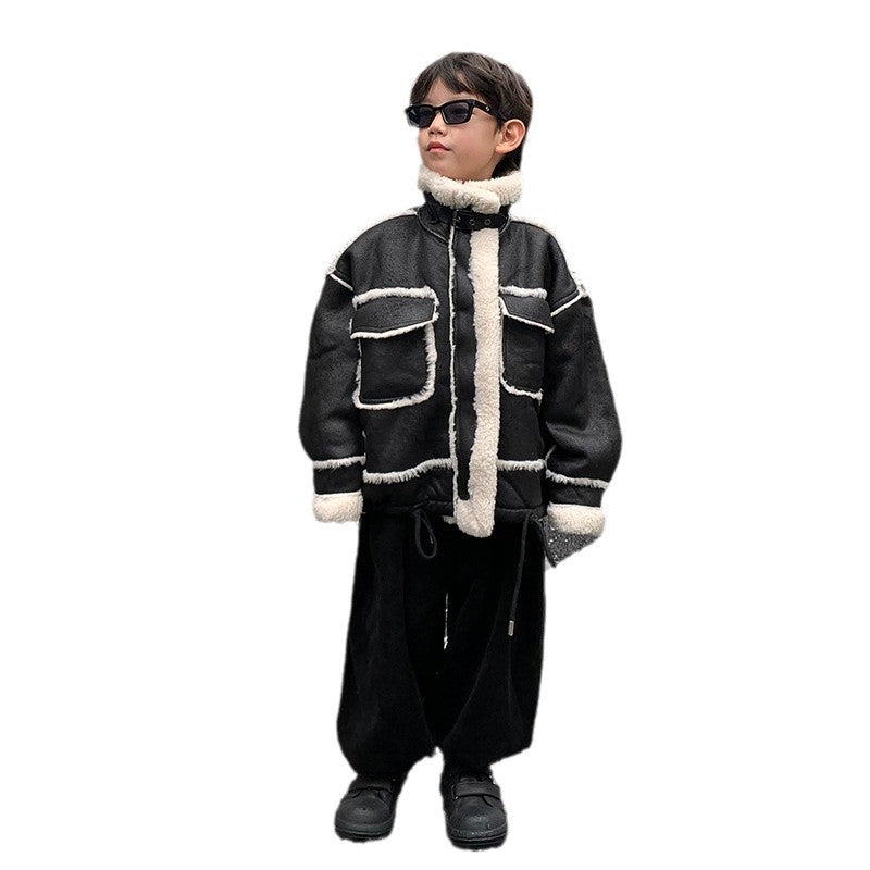 Veste en cuir de garçon Manteau rembourré polaire Automne et vêtements d'hiver