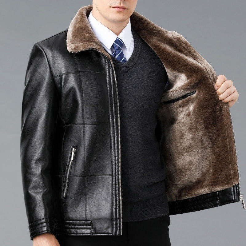 Véritable manteau en cuir et fourrure d'une seule pièce avec un lapel doublé de polaire pour plus de chaleur