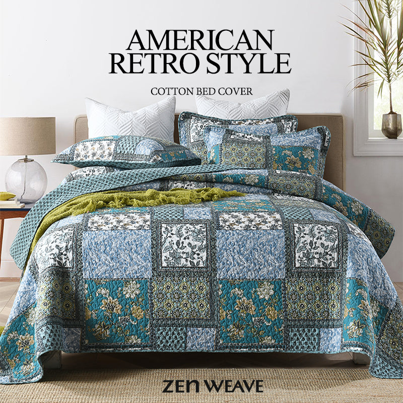Cotton Reversible Quilt Bedspread Set Vintage Patchwork Floral Print Textured Stripe Rever
