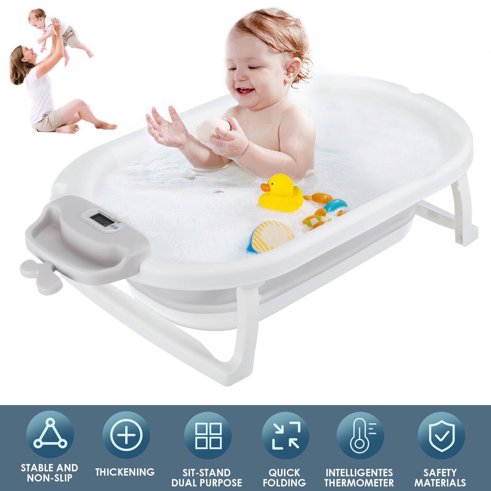 Baignoire pliable pour bébé Ergonomie avec tampon de bain de température et de coussin et filet de bain