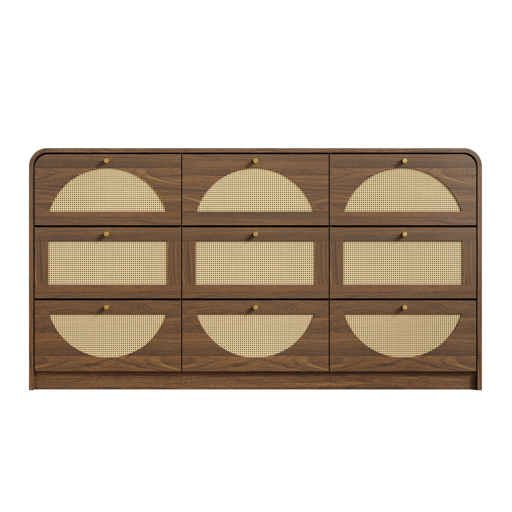 Finition de noix Dressing 9-Drawer avec Rattan Front