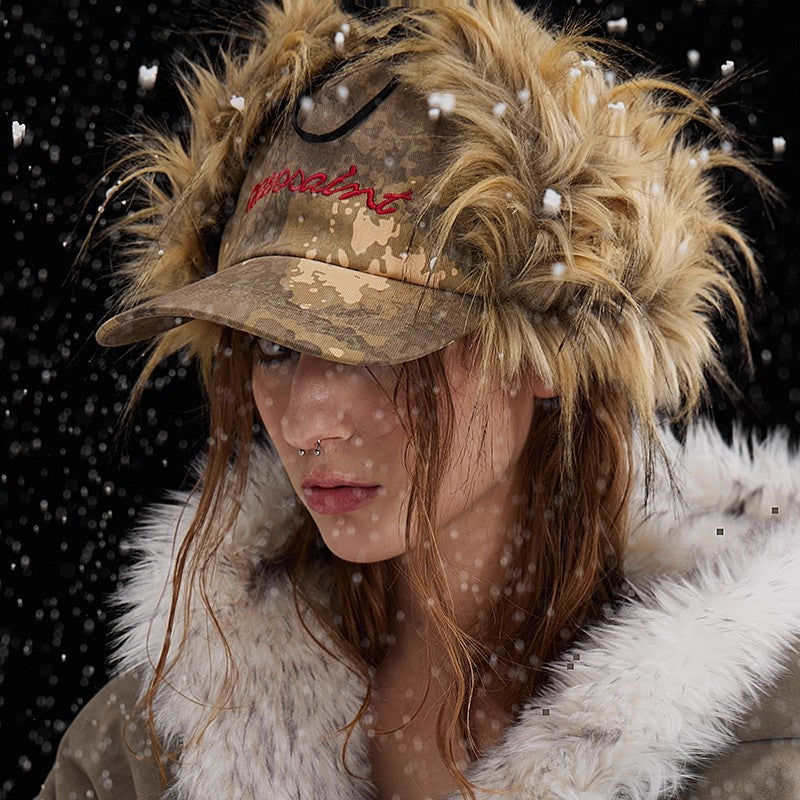 Camouflage Retro Broded Earflap Fur Casquette de baseball