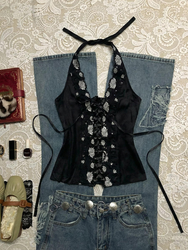 Retro Strap Halter Top Sexy et figurative pour les femmes