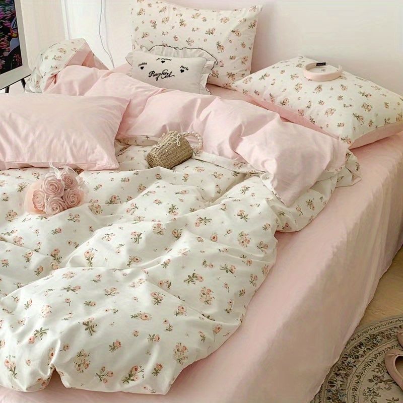 Draps de lit et couverture de couette en coton lavé doux Ensemble de quatre pièces