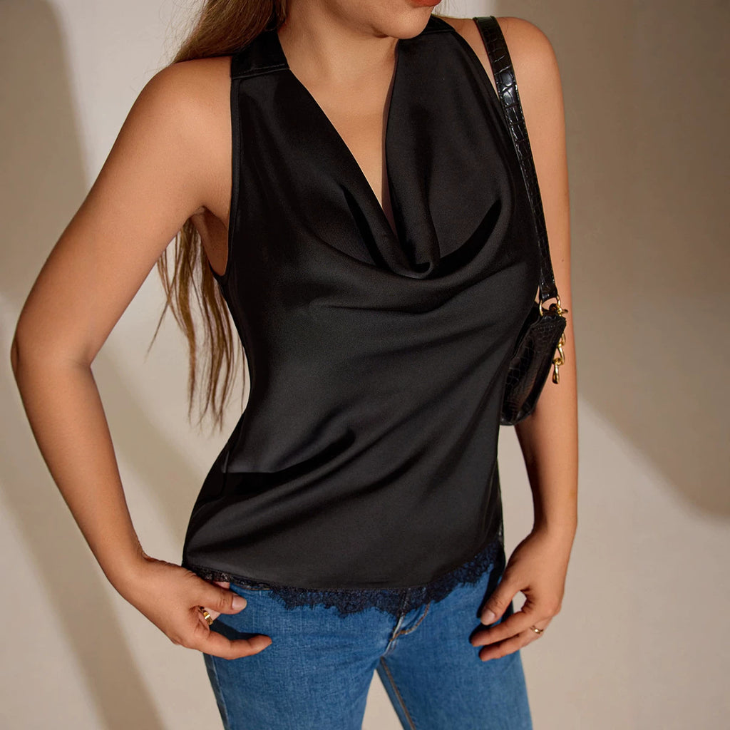 Satin Blouse avec un collier de bateau de style européen Sexy Underlayer