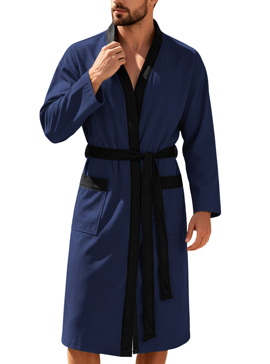 Hommes Twill Terry Cloth Casual Robe longue avec deux poches et cordon de serrage