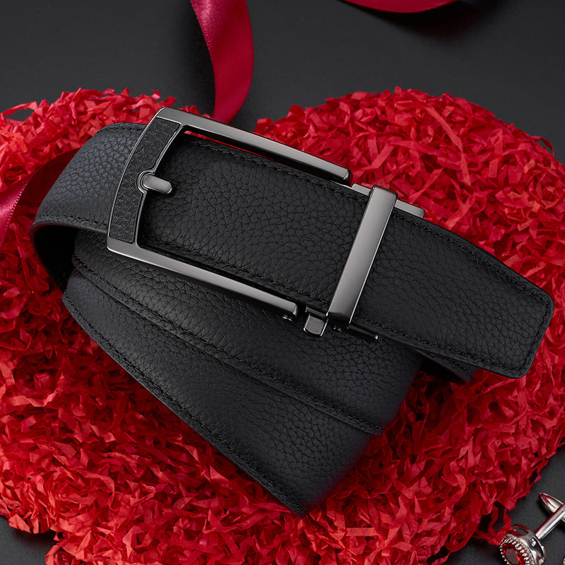 Ceinture en cuir casual avec boucle automatique et motif grain Lychee