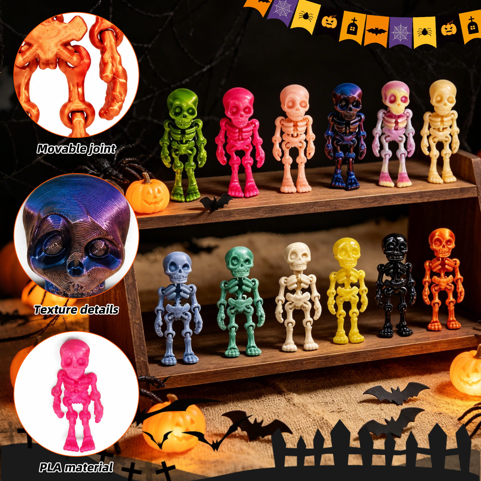 30PCS 3D Imprimé Mini Squelette Décorations Articulées Halloween Party Desk Décor