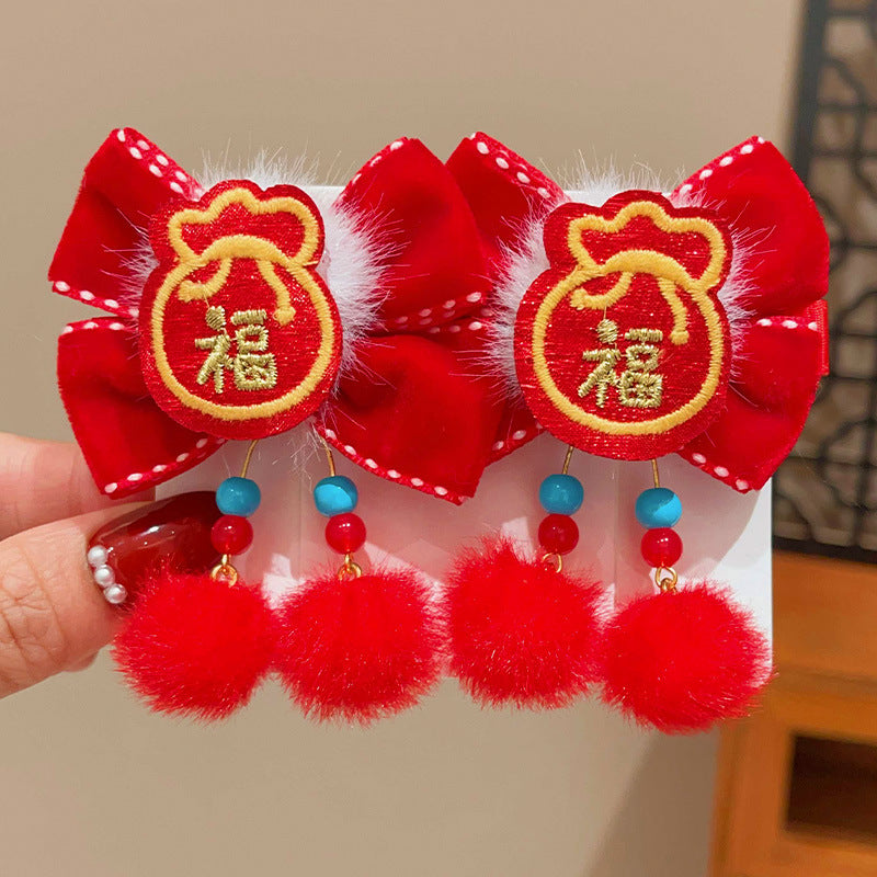 Style chinois Lion danse Bow-tie Tassel Pom-pom Clip cheveux pour les enfants