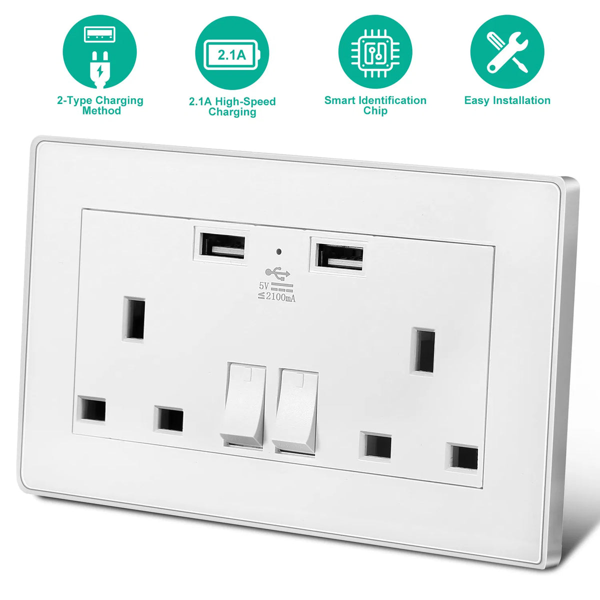 UK Wall Outlet Dual Wall Plug Socket Duplex 2.1A Chargeur mural USB avec éclairage de commutateur de prise I