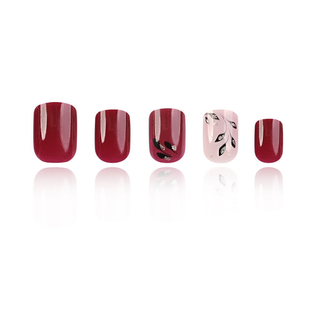 Short Square Y2K Cerise Rouge Sequin Leaf Reflection Design Jeu d'art à ongles