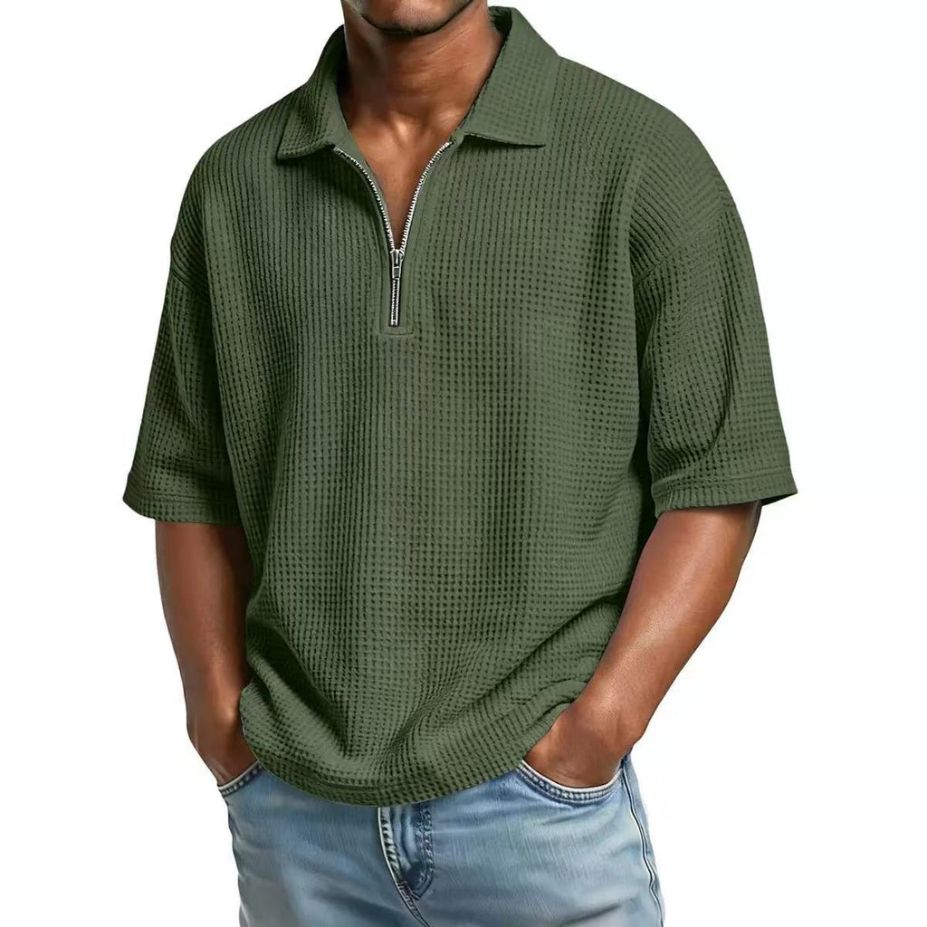 Men's European and American Summer Polo Shirt Waffle Solid Color Sports Casual Simple Shor