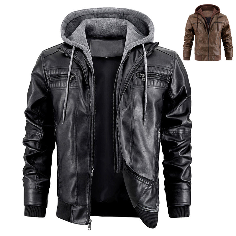 Veste à capuche avec poches zippées Mode chaud Pu cuir manteau Hommes vêtements