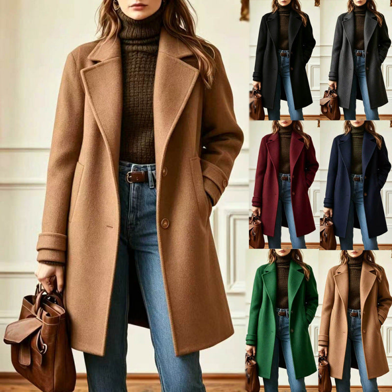 Automne et hiver Rétro Style décontracté Longueur moyenne Coat Lapel Coat Femme