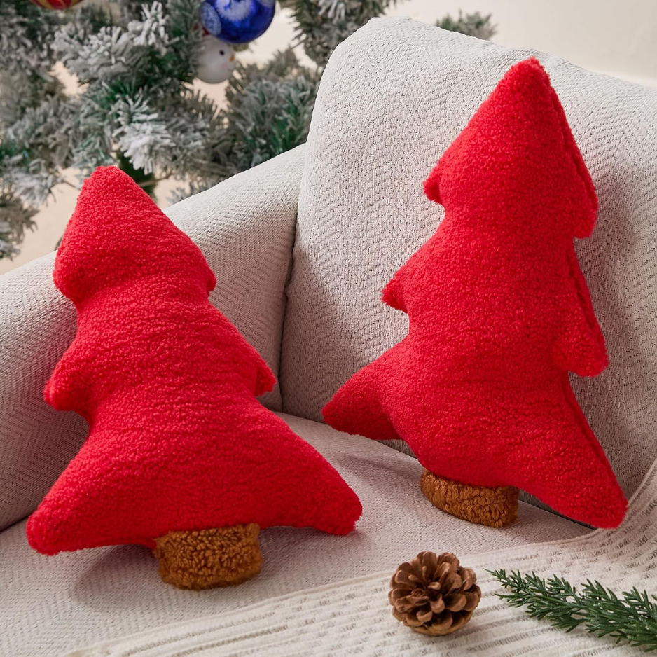 Oreillers de Noël Ensemble de 2 sapins de Noël rouges en forme d'oreiller en peluche douce