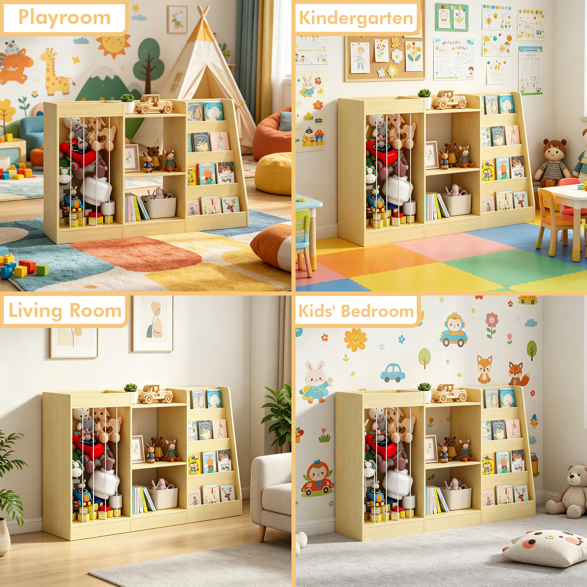3-en-1 Bibliothèque pour enfants et rangement de jouets