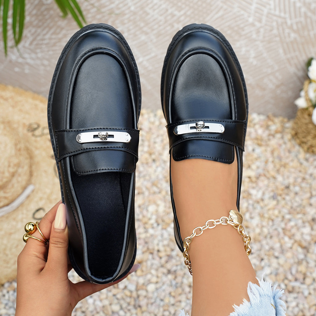 Femmes Classique Élégante Mode ronde orteil bloc bas talon Loafer en cuir Chaussures Élégante Versat