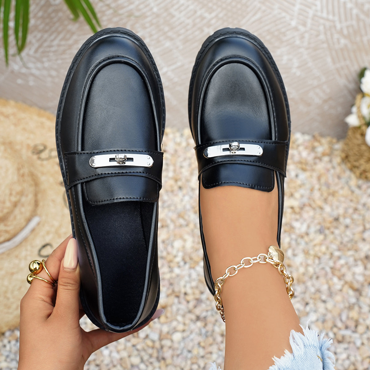 Femmes Classique Élégante Mode ronde orteil bloc bas talon Loafer en cuir Chaussures Élégante Versat