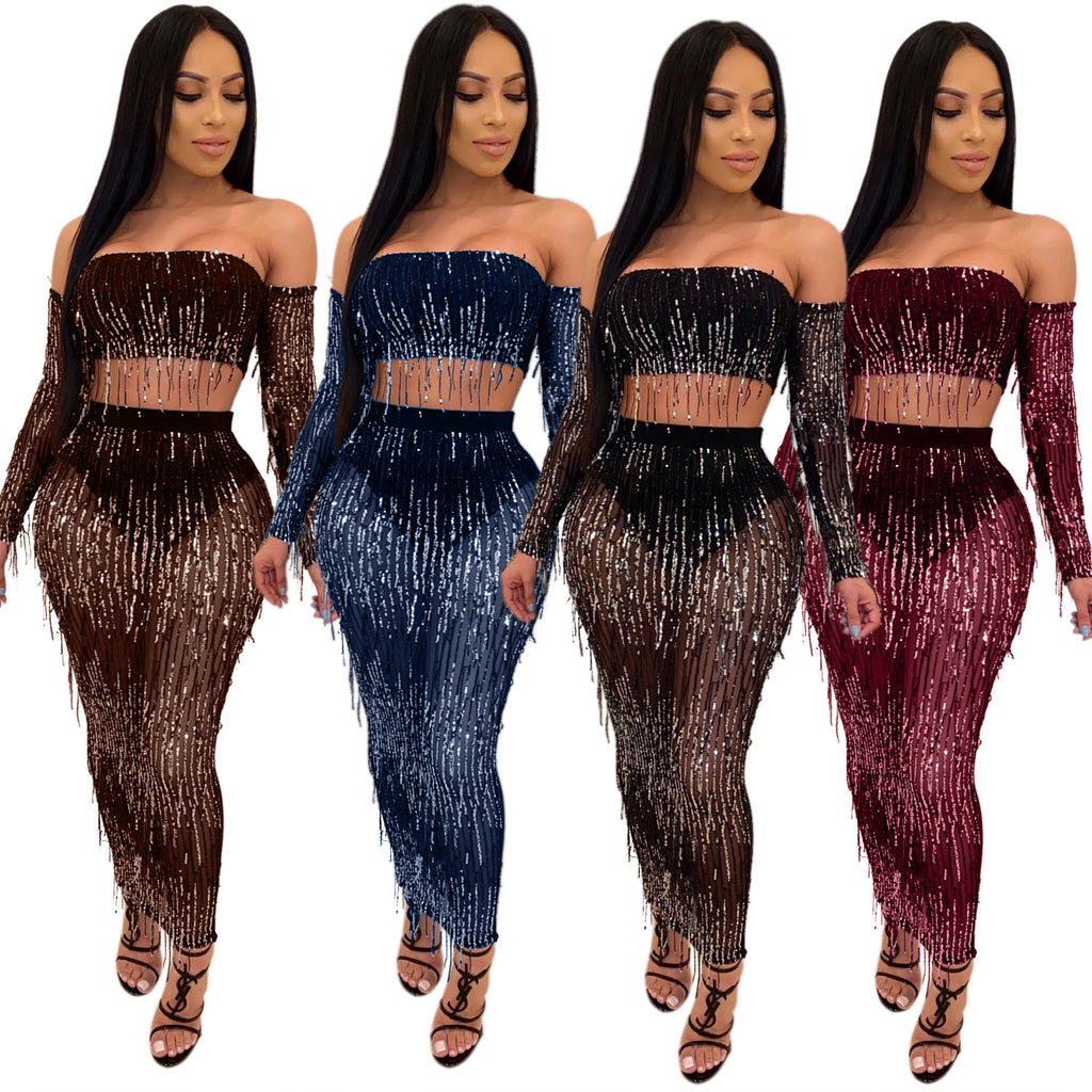 Mode Sexy See-through Mesh Sequins Tassel Ensemble deux pièces
