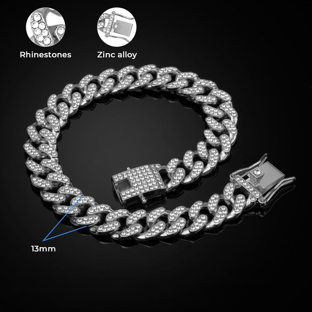 Collier de chaîne de chien Collier de chien en argent Diamond Collier de chien de lien cubain 13mm large métal chat