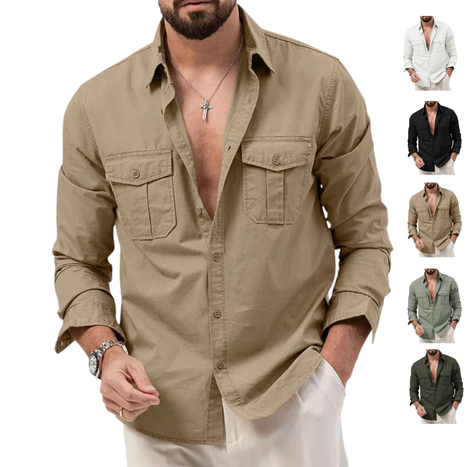 Hommes Multi Pocket Casual manches longues chemise