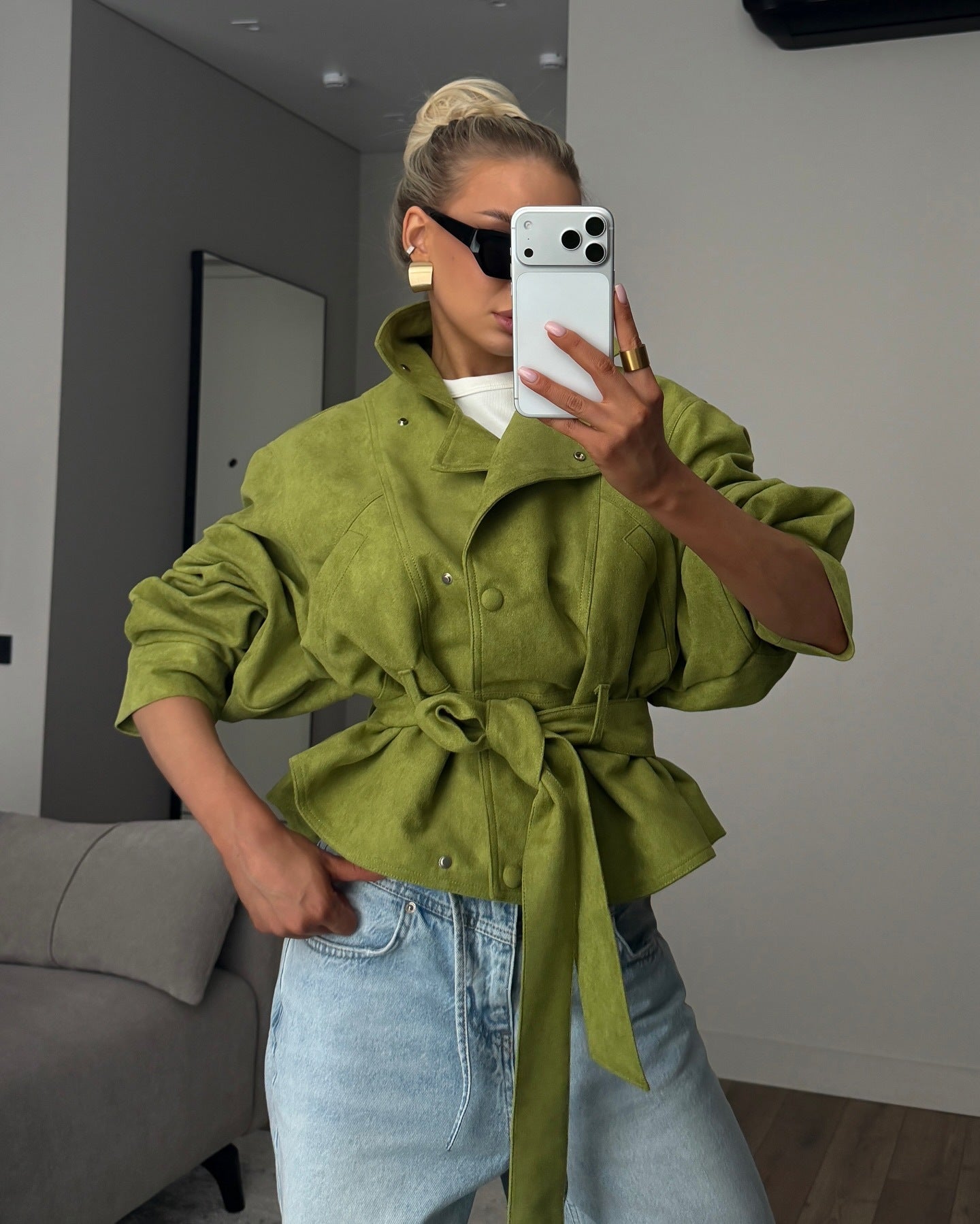 Faux Suede Stand Collar Waist Tie Veste surdimensionnée
