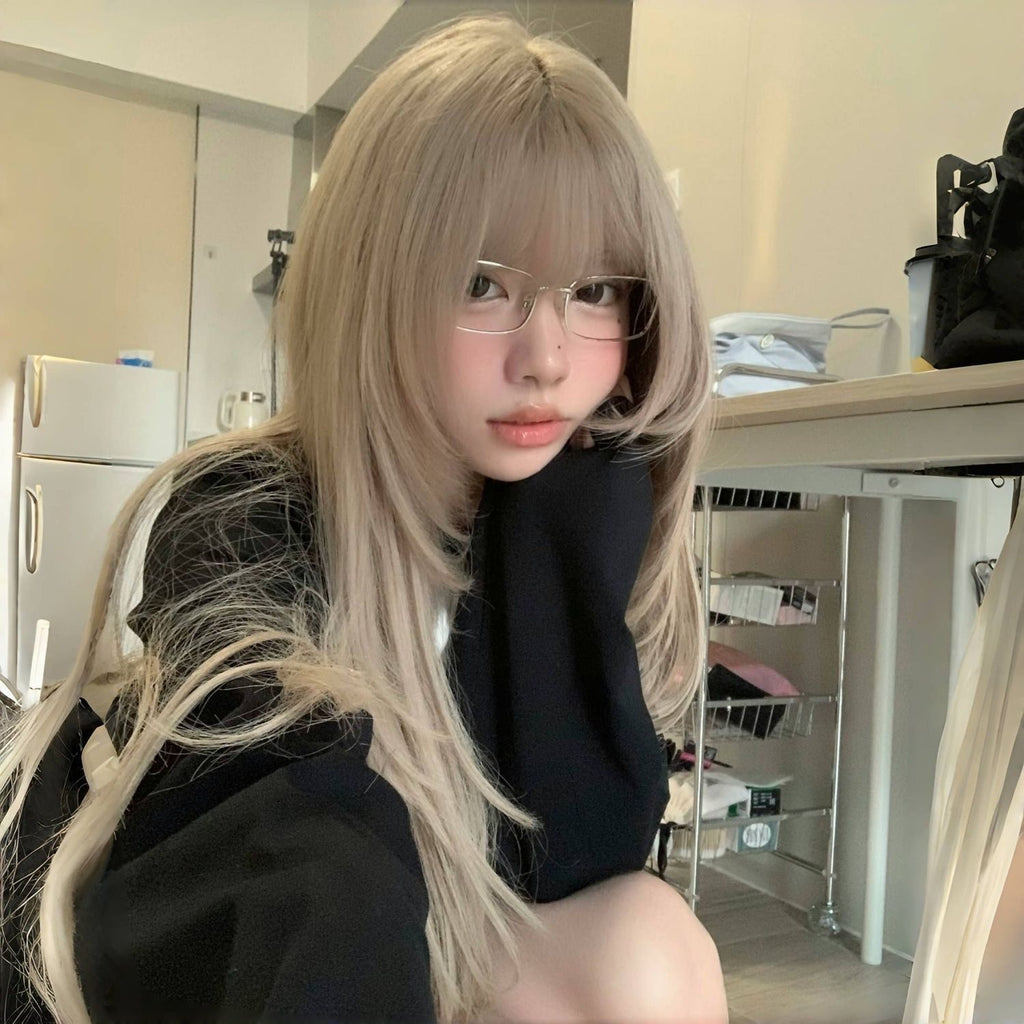 Lait de thé pour femmes Gris-brun Long cheveux droit avec une frange floue