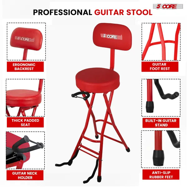 Tabouret de guitare 5 Core 3.15" Chaise rembourrée W dossier Siège pliable de musique construit dans pied repose Gu