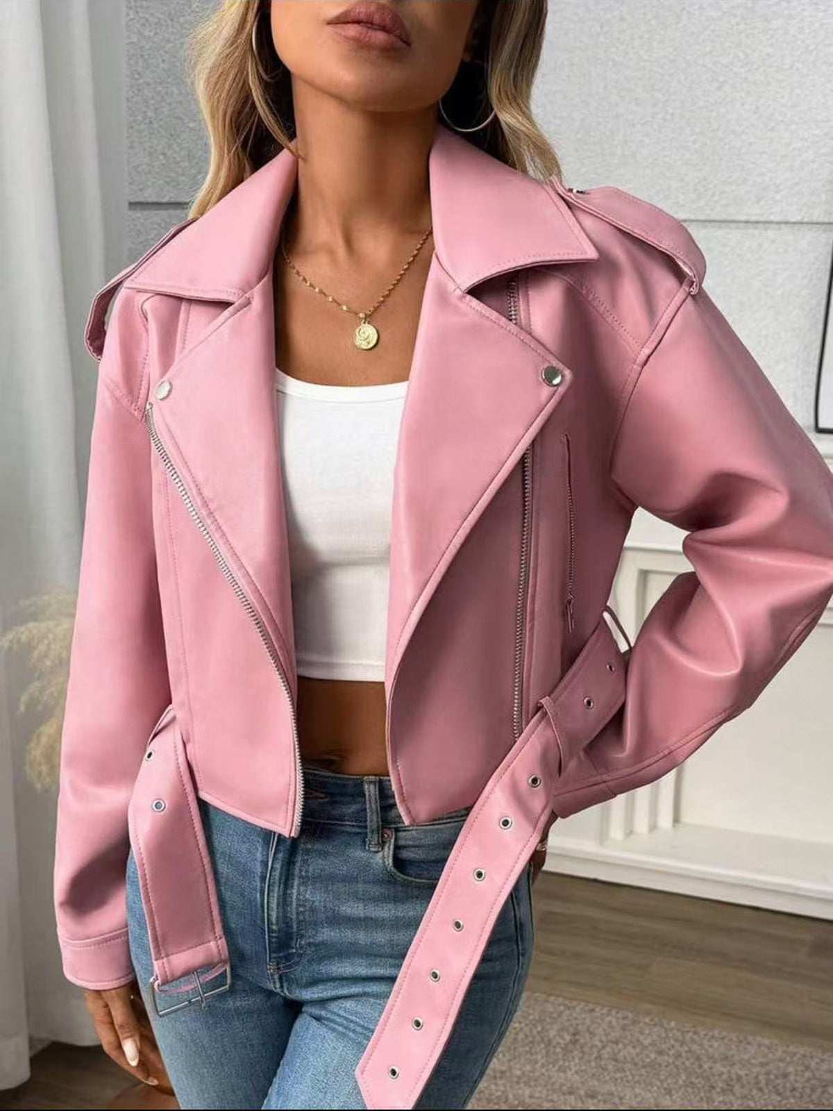 Veste courte en cuir PU Lapel Slim-Fit pour femmes