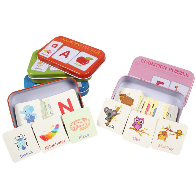 Littératie pour enfants Carte cognitive Baby Iron Box Puzzle Reading Card Jouets