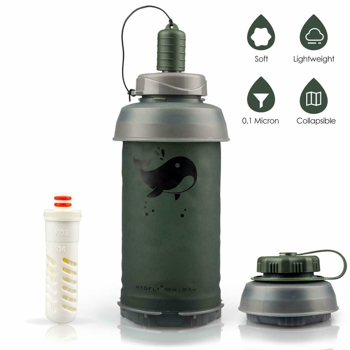 26Oz Filtre collapsible Filtration eau 2 étages BPA Randonnée pliable libre