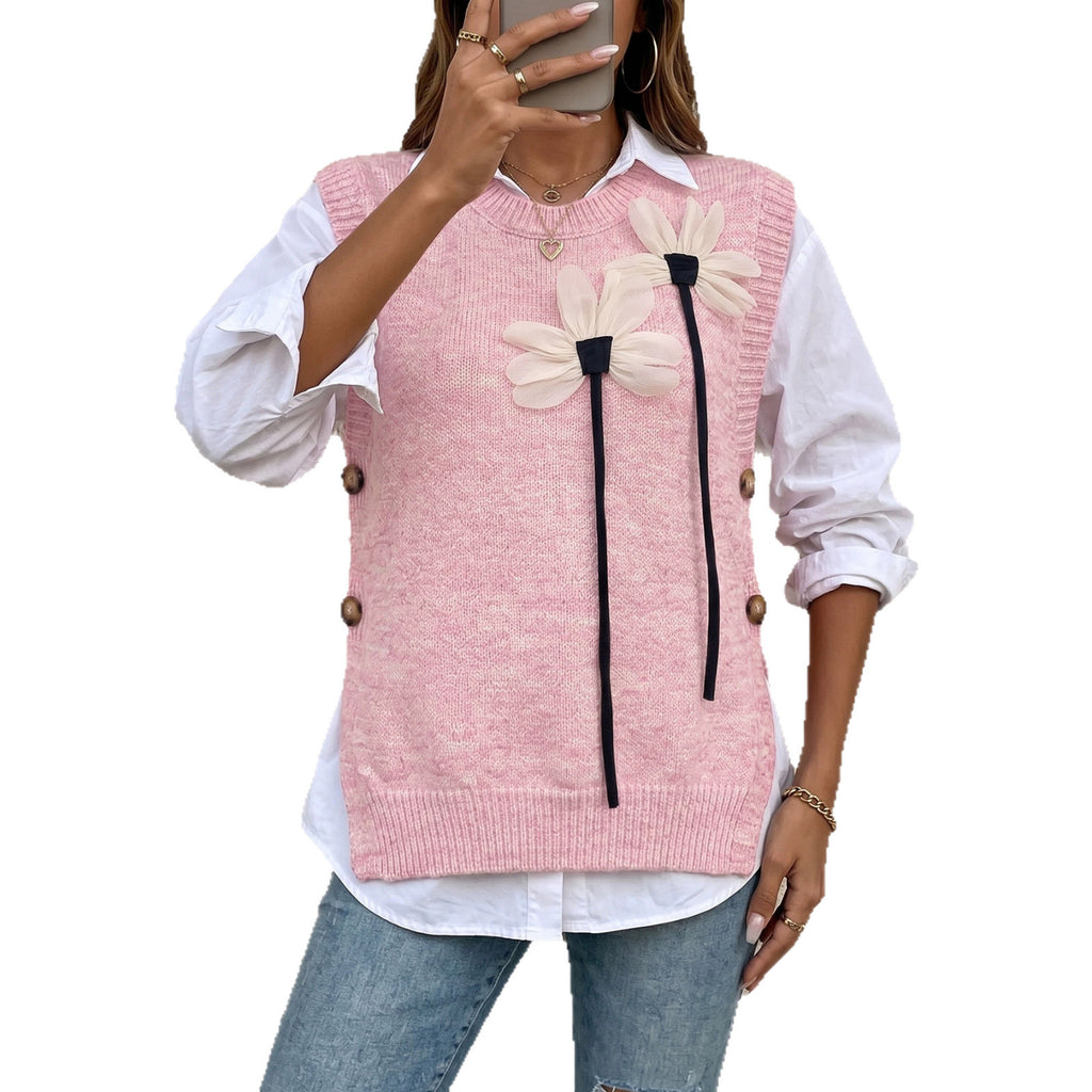 Automnehiver Femmes tricotées Veste de patchwork avec un collier rond et une couleur solide