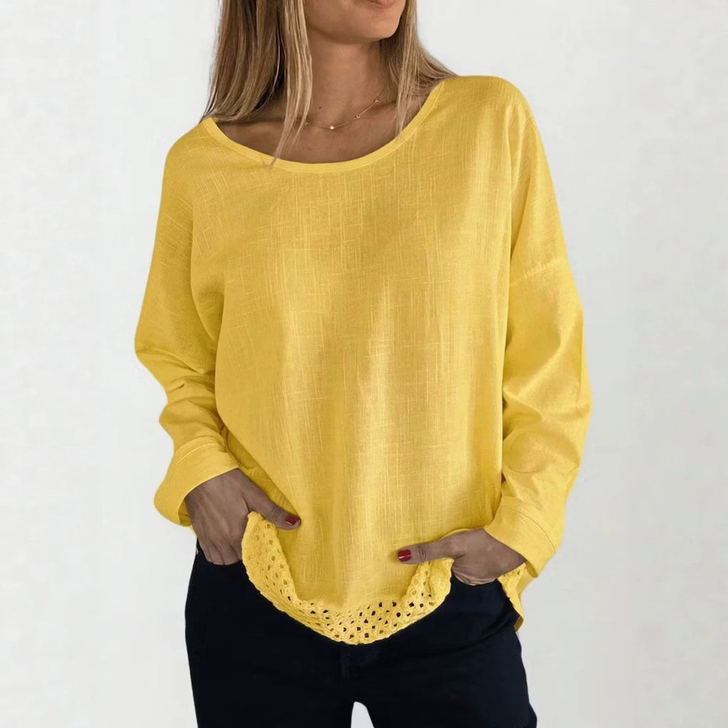 Arrivée Élégante chemise à manches longues en dentelle à col solide pour femmes