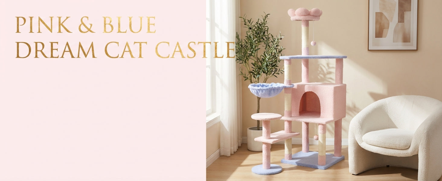 Arbre de chat fleur avec grand condo coussin de fleur amovible et hamac rose