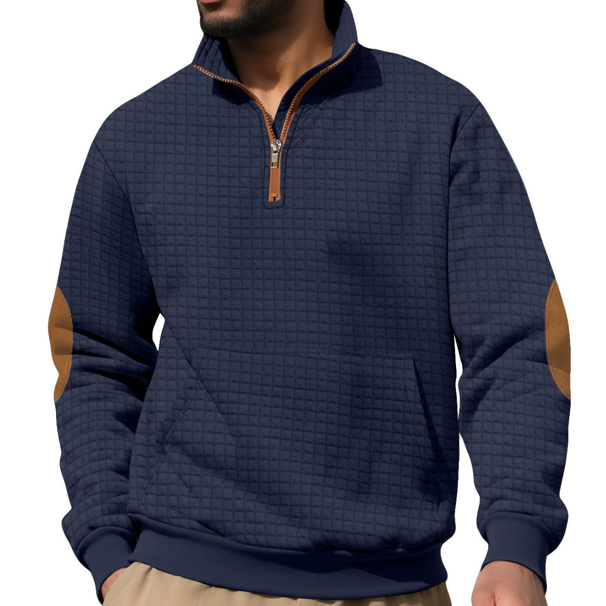 Amazon Homme Automne & Hiver Demi-Zip Suede Jacquard Petit chèque Long-Sleeve Stand Collar