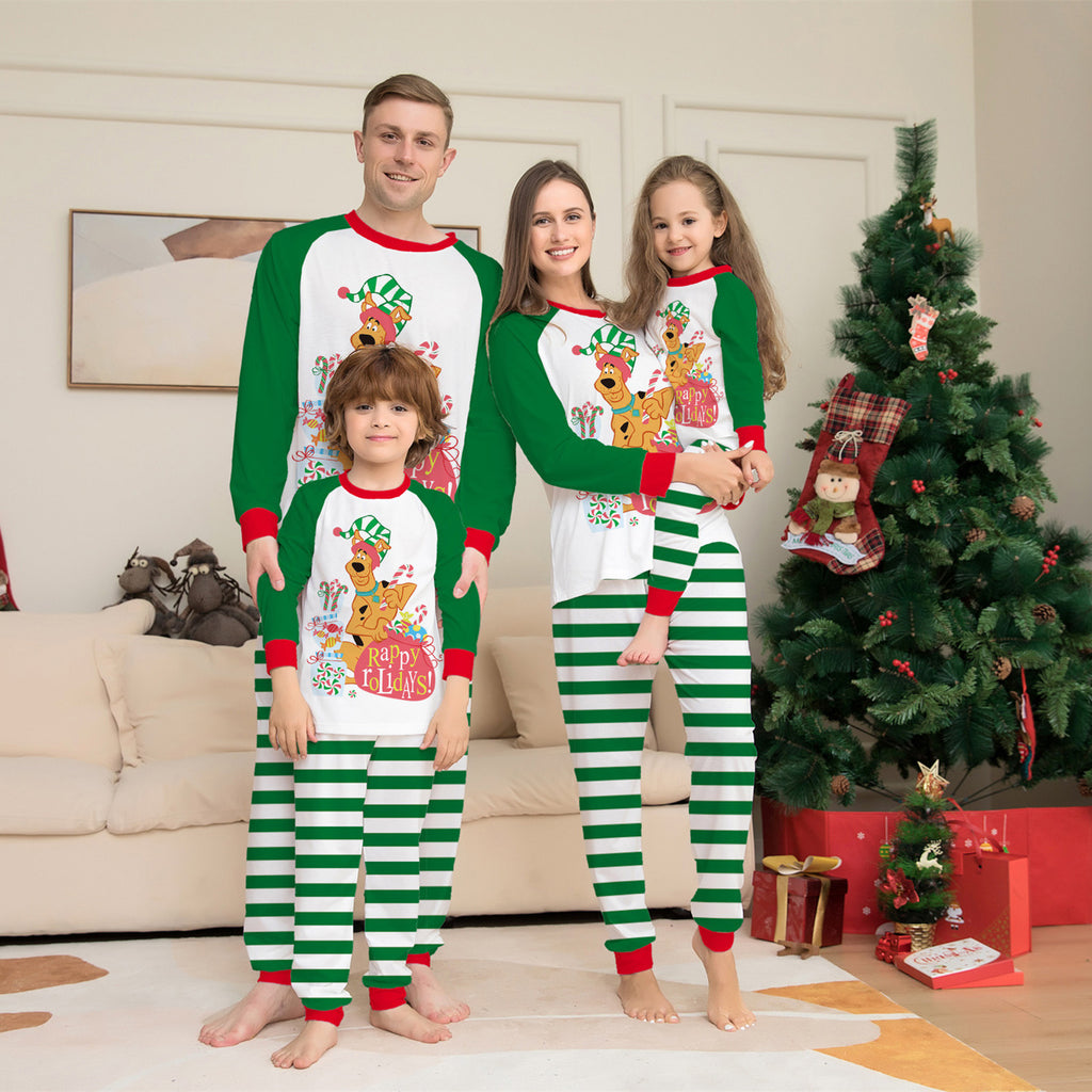 Green Cartoon Striped Long Sleeves Festival Vêtements de maison Pajamas